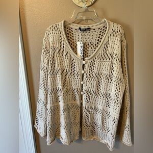 Beige Open-Knit Button Front Sweater